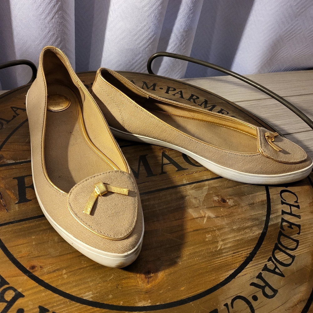 TORY BURCH tan canvas with gold leather trim flats